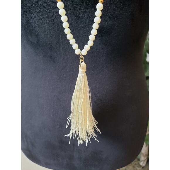 Women Beaded Long Necklace Ivory Red Beads Tassel Pendant Lobster Clasp Jewelry - Picture 3 of 6